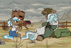 Size: 2500x1700 | Tagged: safe, artist:crimmharmony, imported from derpibooru, oc, oc only, pony, unicorn, fallout equestria, bag, cigarette, clothes, commission, crying, emotional, female, fence, foal, heart, heart hoof, hoof heart, hug, male, mare, mountain, outhouse, overalls, pipbuck, scenery, stallion, trio, tumbleweed, wasteland