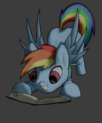 Size: 2000x2400 | Tagged: safe, artist:tunrae, imported from derpibooru, rainbow dash, pegasus, pony, book, cute, dashabetes, excited, female, reading, simple background, smiling, solo, spread wings, tail, wings