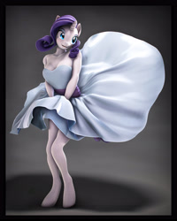 Size: 4000x5000 | Tagged: safe, artist:imafutureguitarhero, imported from derpibooru, rarity, anthro, unguligrade anthro, unicorn, 3d, absurd resolution, barehoof, blushing, border, chromatic aberration, clothes, colored eyebrows, dress, eyeshadow, female, film grain, legs, makeup, mare, marilyn monroe, nose wrinkle, open mouth, revamped anthros, revamped ponies, shadow, signature, skirt, skirt blow, smiling, solo, source filmmaker, the seven year itch