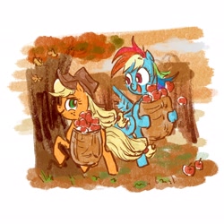 Size: 2048x2048 | Tagged: safe, artist:laya-21, imported from derpibooru, applejack, rainbow dash, earth pony, pegasus, pony, apple, appledash, duo, female, food, leaves, lesbian, shipping, tree