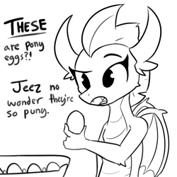 Size: 3000x3000 | Tagged: safe, artist:tjpones, imported from derpibooru, smolder, dragon, black and white, egg, egg carton, female, food, grayscale, lineart, monochrome, sexually oblivious, simple background, solo, white background