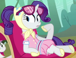 Size: 1108x847 | Tagged: safe, imported from derpibooru, screencap, rarity, sweetie belle, sleepless in ponyville, camping outfit, clothes, cropped, dress, female, mare, solo, solo focus, sunglasses