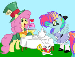 Size: 750x572 | Tagged: safe, artist:circuspaparazzi5678, artist:drchrissy, edit, imported from derpibooru, angel bunny, li'l cheese, oc, oc:rainbow blitz, earth pony, pegasus, pony, the last problem, alice in wonderland, base used, clothes, cupcake, dress, ear piercing, earring, food, jewelry, mad hatter, magical lesbian spawn, multicolored hair, offspring, older li'l cheese, parent:fluttershy, parent:rainbow dash, parents:flutterdash, piercing, rainbow hair, rainbow makeup, tea