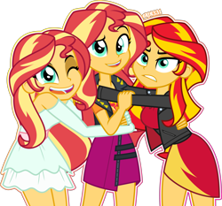 Size: 5000x4656 | Tagged: safe, artist:orin331, imported from derpibooru, sunset shimmer, equestria girls, absurd resolution, alternate design, breasts, busty sunset shimmer, clothes, cute, digital art, female, frown, hug, looking at you, one eye closed, self paradox, shimmerbetes, simple background, skirt, smiling, sunset shimmer day, transparent background, triality, trio, wink