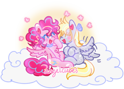 Size: 1280x926 | Tagged: safe, artist:angelcubes, artist:transpichu, imported from derpibooru, derpy hooves, pinkie pie, sunny starscout, pegasus, pony, alternate hairstyle, bow, cloud, collar, duo, happy, laughing, markings, on a cloud, pigtails, race swap, ribbon, signature, simple background, stimming, sunny, transparent background, watermark