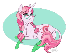 Size: 1600x1200 | Tagged: safe, artist:inyah, imported from derpibooru, oc, oc only, oc:lotus wishes, pony, unicorn, braid, freckles, glasses, horn, leonine tail, simple background, solo, transparent background, unicorn oc