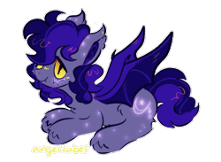 Size: 1119x820 | Tagged: safe, artist:angelcubes, artist:transpichu, imported from derpibooru, oc, oc only, oc:nitey nite, bat pony, pony, androgynous male, curly hair, fluffy hair, glowing markings, looking at you, lying down, markings, simple background, smiling, spread wings, transparent background, watermark, wings