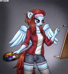 Size: 2910x3147 | Tagged: safe, artist:maxiclouds, imported from derpibooru, oc, oc only, oc:cloud fly, anthro, pegasus, clothes, easel, female, paintbrush, palette, shorts, skirt, smiling, socks, solo, striped socks, thigh highs, wings