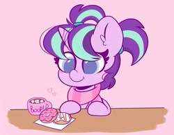 Size: 2799x2187 | Tagged: safe, artist:kittyrosie, imported from derpibooru, starlight glimmer, pony, unicorn, blushing, chocolate, clothes, colored pupils, cute, donut, female, filly, filly starlight glimmer, food, glimmerbetes, gradient background, heart, high res, hot chocolate, marshmallow, mug, pigtails, scarf, smiling, solo, younger