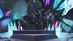 Size: 4000x2250 | Tagged: safe, artist:nsilverdraws, imported from derpibooru, oc, oc:doppelganger, oc:mimicry, oc:mirage, original species, purple changeling, siblings, throne