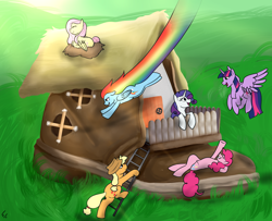 Size: 1836x1490 | Tagged: safe, artist:ponykittenboi, imported from derpibooru, applejack, fluttershy, pinkie pie, rainbow dash, rarity, twilight sparkle, alicorn, earth pony, pegasus, pony, unicorn, behaving like a bird, cute, female, ladder, mane six, nesting instinct, sonic rainboom, tiny, tiny ponies, twilight sparkle (alicorn), wholesome