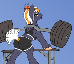 Size: 2550x2210 | Tagged: safe, artist:da52, artist:eow, imported from derpibooru, oc, oc only, oc:beatrice, earth pony, pony, abstract background, bench, butt, clothes, colored, compression shorts, dumbbell (object), female, flat colors, gym, looking at you, looking back, mare, muscles, muscular female, plot, simple background, skintight clothes, spats, strong mare, sweat, tanktop, weight lifting, weights