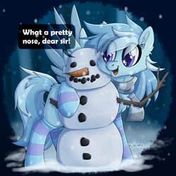 Size: 2000x2000 | Tagged: safe, artist:dreamy, artist:lionbun, artist:littledreamycat, imported from derpibooru, oc, oc only, oc:winter love, pegasus, pony, big eyes, carrot, clothes, cute, female, food, high res, mare, oc needed, scarf, snow, snowfall, snowman, socks, solo, stockings, striped scarf, striped socks, thigh highs, winter