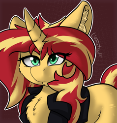 Size: 1525x1602 | Tagged: safe, artist:llametsul, imported from derpibooru, sunset shimmer, pony, unicorn, equestria girls, bust, chest fluff, clothes, ear fluff, eye clipping through hair, female, horn, jacket, mare, solo