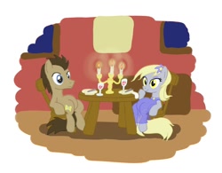 Size: 1512x1179 | Tagged: safe, artist:bizmarck, imported from derpibooru, derpy hooves, doctor whooves, time turner, earth pony, pegasus, pony, candle, chair, clothes, doctorderpy, dress, female, male, mare, meme, shipping, sitting, sitting lyra, sitting lyra style, stallion, story included, straight