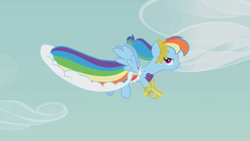 Size: 1280x720 | Tagged: safe, imported from derpibooru, screencap, rainbow dash, pegasus, pony, suited for success, clothes, dress, female, gala dress, lidded eyes, mare, solo