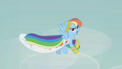 Size: 1280x720 | Tagged: safe, imported from derpibooru, screencap, rainbow dash, pegasus, pony, suited for success, clothes, dress, female, gala dress, mare, solo