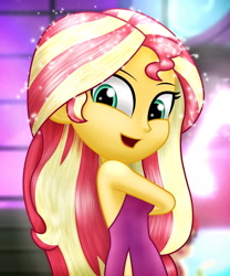 Size: 2500x3000 | Tagged: safe, artist:aryatheeditor, imported from derpibooru, sunset shimmer, equestria girls, bare shoulders, beautiful, beautisexy, canterlot high, clothes, cute, digital art, dress, female, geode of empathy, glitter, glow, glowing, looking at you, magical geodes, outfit, party, photo, shimmerbetes, sleeveless, smiley face, smiling, smiling at you, solo, sunset shimmer day