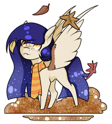 Size: 1949x2160 | Tagged: safe, artist:oneiria-fylakas, imported from derpibooru, oc, oc only, oc:autumn night, pegasus, pony, chibi, clothes, female, leaves, mare, scarf, simple background, solo, transparent background