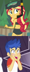 Size: 606x1422 | Tagged: safe, edit, edited screencap, imported from derpibooru, screencap, flash sentry, sunset shimmer, equestria girls, equestria girls series, spring breakdown, unsolved selfie mysteries, ass, backless, beach shorts swimsuit, bikini, blushing, bunset shimmer, butt, clothes, comparison, cropped, dive mask, diving goggles, female, flashimmer, looking back, male, midriff, rear view, shipping, shipping domino, sleeveless, snorkel, starry eyes, straight, sunset shimmer's beach shorts swimsuit, swimsuit, wingding eyes