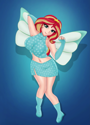 Size: 1739x2419 | Tagged: safe, artist:anonix123, imported from derpibooru, sunset shimmer, fairy, human, equestria girls, bloom, bloom (winx club), boots, breasts, busty sunset shimmer, clothes, cosplay, costume, crossover, crown, fairy wings, fairyized, fingerless gloves, gloves, high heel boots, high heels, human coloration, jewelry, magic winx, regalia, shoes, wings, winx club