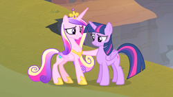 Size: 1920x1080 | Tagged: safe, imported from derpibooru, screencap, princess cadance, twilight sparkle, alicorn, pony, three's a crowd, crown, duo, duo female, female, hoof around neck, hoof shoes, jewelry, mare, regalia, sisters-in-law, twilight sparkle (alicorn)