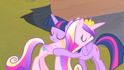 Size: 1920x1080 | Tagged: safe, imported from derpibooru, screencap, princess cadance, twilight sparkle, alicorn, pony, three's a crowd, cute, daaaaaaaaaaaw, duo, duo female, female, hug, mare, sisters-in-law, twilight sparkle (alicorn)