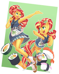 Size: 1100x1378 | Tagged: safe, artist:dstears, imported from derpibooru, sunset shimmer, pony, unicorn, eqg summertime shorts, equestria girls, good vibes, clothes, cute, digital art, female, food, geta, human ponidox, kimono (clothing), kimono minidress, mare, self ponidox, shimmerbetes, shoe dangling, smiling, socks, sunset sushi, sushi