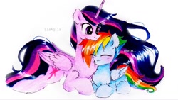 Size: 1191x671 | Tagged: safe, artist:liaaqila, imported from derpibooru, rainbow dash, twilight sparkle, alicorn, pegasus, pony, the last problem, behaving like a cat, blushing, chest fluff, cuddling, cute, dashabetes, female, fluffy, lesbian, nuzzling, princess twilight 2.0, purring, shipping, simple background, size difference, twiabetes, twidash, twilight sparkle (alicorn), white background