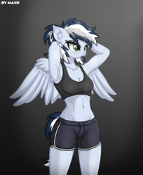 Size: 1630x1999 | Tagged: safe, artist:maxiclouds, imported from derpibooru, oc, oc only, oc:maxi, anthro, pegasus, arm behind head, armpits, belly button, bra, breasts, cleavage, clothes, female, fitness, green eyes, grey fur, gym shorts, multicolored mane, multicolored tail, ponytail, shirt, shorts, side slit, solo, sports bra, tomboy, underwear, watermark, wings