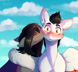 Size: 2165x2000 | Tagged: safe, artist:redslipp, imported from derpibooru, oc, oc:maveh, oc:mimicry, original species, pegasus, pony, blushing, cheek kiss, female, kiss on the cheek, kissing, male