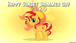 Size: 2560x1440 | Tagged: safe, artist:faze-alan-mskull2019, imported from derpibooru, sunset shimmer, pony, unicorn, cute, faic, female, mare, smiling, smirk, solo, sunset shimmer day, twiface