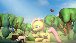 Size: 1920x1080 | Tagged: safe, artist:snow swirl, imported from derpibooru, fluttershy, butterfly, pegasus, pony, rabbit, squirrel, the cutie mark chronicles, 3d, animal, female, solo, source filmmaker, tree