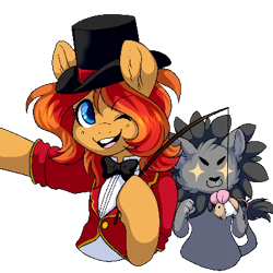 Size: 400x400 | Tagged: artist needed, safe, artist:sethisto, imported from derpibooru, oc, oc only, oc:peanut bucker, big cat, cat, earth pony, lion, mouse, pony, bowtie, clothes, duo, earth pony oc, eyes on the prize, female, fishing rod, hat, lure, mare, open mouth, pixel art, simple background, smiling, starry eyes, top hat, transparent background, wingding eyes