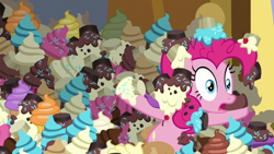 Size: 1920x1080 | Tagged: safe, imported from derpibooru, screencap, pinkie pie, pony, the ending of the end, cupcake, female, food, solo