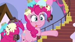 Size: 1920x1080 | Tagged: safe, imported from derpibooru, screencap, pinkie pie, pony, the ending of the end, cupcake, female, food, solo, tongue out