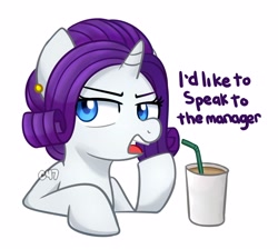 Size: 3758x3370 | Tagged: safe, artist:handgunboi, imported from derpibooru, rarity, pony, unicorn, coffee, coffee cup, cup, ear piercing, earring, jewelry, karen, piercing, simple background, solo, straw, white background