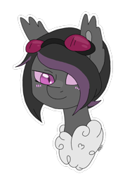 Size: 900x1200 | Tagged: artist needed, safe, imported from derpibooru, oc, oc only, oc:mimicry, original species, bust, goggles, portrait, purple changeling, simple background, solo, transparent background