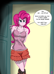 Size: 1700x2338 | Tagged: safe, artist:lennondash, imported from derpibooru, pinkie pie, equestria girls, can't sleep, clothes, female, insomnia, pajamas, question, solo, speech bubble, talking to viewer, worried