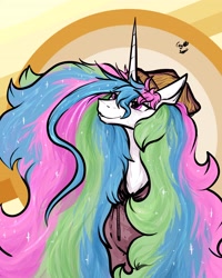 Size: 2952x3697 | Tagged: safe, artist:greyscaleart, imported from derpibooru, princess celestia, alicorn, pony, abstract background, beanie, big hair, bust, clothes, cute, female, hat, high res, hoodie, i really like her mane, lidded eyes, mare, messy mane, solo