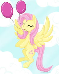 Size: 960x1200 | Tagged: safe, artist:autumngem, imported from derpibooru, fluttershy, pegasus, pony, balloon, birthday, cloud, cute, eyes closed, female, flying, happy birthday, mare, shyabetes, solo