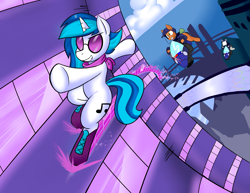 Size: 1283x992 | Tagged: safe, artist:zanezandell, imported from derpibooru, dj pon-3, vinyl scratch, pony, unicorn, building, clothes, female, group, hoverbike, mare, police, scarf, skates, sunglasses, window