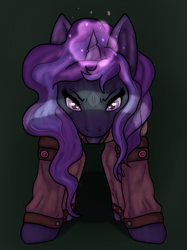 Size: 1024x1366 | Tagged: safe, artist:sursiq, imported from derpibooru, oc, oc only, oc:nebula mist, pony, unicorn, fallout equestria, angry, fallout equestria oc, glowing horn, horn, magic, multicolored hair, multicolored mane, pony oc, solo, unicorn oc