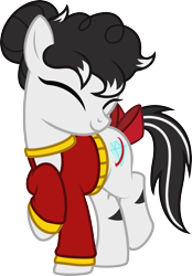 Size: 1524x2193 | Tagged: safe, artist:lightning stripe, derpibooru exclusive, imported from derpibooru, oc, oc only, oc:kalinka, earth pony, pony, black and white mane, bow, clothes, commission, crossed legs, cute, cutie mark, eyes closed, female, hair bun, mare, ocbetes, raised hoof, show accurate, simple background, smiling, solo, stripes, sweater, tail bow, transparent background, two toned tail, vector