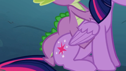 Size: 1040x585 | Tagged: safe, imported from derpibooru, screencap, spike, twilight sparkle, alicorn, dragon, pony, princess twilight sparkle (episode), season 4, dragons riding ponies, female, male, mare, out of context, riding, sitting, spike riding twilight, twilight sparkle (alicorn)