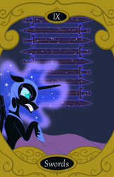 Size: 900x1400 | Tagged: safe, artist:sixes&sevens, imported from derpibooru, nightmare moon, angry, bed, nine of swords, sword, tarot card, weapon