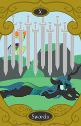 Size: 900x1400 | Tagged: safe, artist:sixes&sevens, imported from derpibooru, queen chrysalis, thorax, changedling, changeling, defeated, king thorax, sword, tarot card, ten of swords, weapon