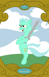 Size: 900x1400 | Tagged: safe, artist:sixes&sevens, imported from derpibooru, lyra heartstrings, pony, unicorn, bipedal, cloud, female, mare, page of swords, solo, sword, tarot card, weapon