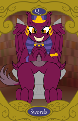 Size: 900x1400 | Tagged: safe, artist:sixes&sevens, imported from derpibooru, sphinx (character), sphinx, analysis in the comments, looking at you, queen of swords, sitting, tarot card, throne