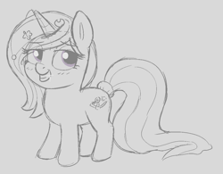 Size: 1064x832 | Tagged: safe, artist:heretichesh, imported from derpibooru, oc, oc only, oc:zew, pony, unicorn, blushing, female, filly, monochrome, sketch, smiling, solo, tail band